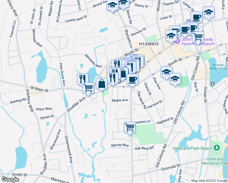 map of restaurants, bars, coffee shops, grocery stores, and more near 14 Potter Avenue in Barnstable