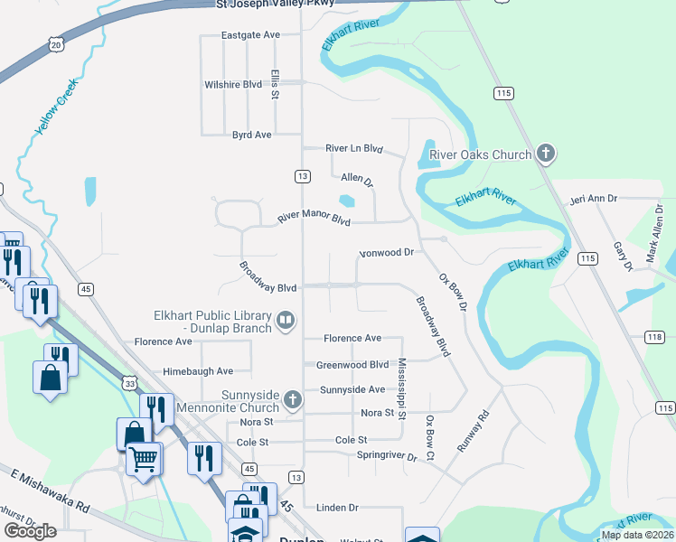 map of restaurants, bars, coffee shops, grocery stores, and more near 58350 Oakwood Court in Elkhart