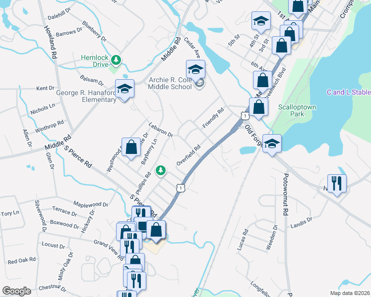 map of restaurants, bars, coffee shops, grocery stores, and more near 93 Overfield Road in East Greenwich