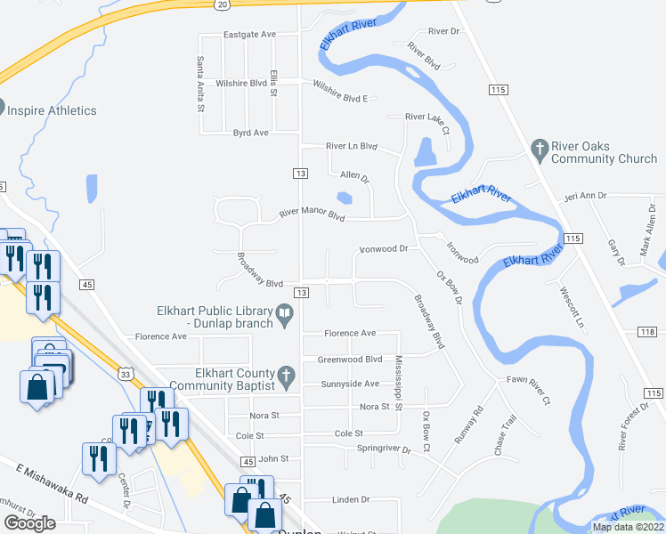 map of restaurants, bars, coffee shops, grocery stores, and more near 58350 Oakwood Ct in Elkhart