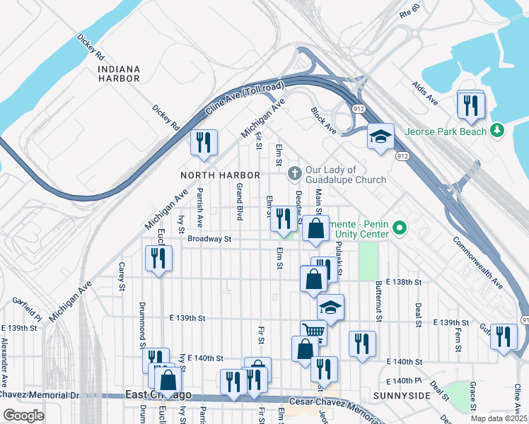 map of restaurants, bars, coffee shops, grocery stores, and more near 3603 Fir Street in East Chicago