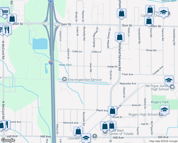 map of restaurants, bars, coffee shops, grocery stores, and more near 705 Jean Road in Toledo