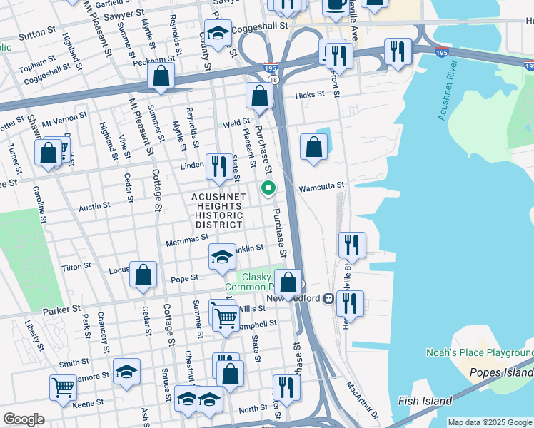 map of restaurants, bars, coffee shops, grocery stores, and more near in New Bedford