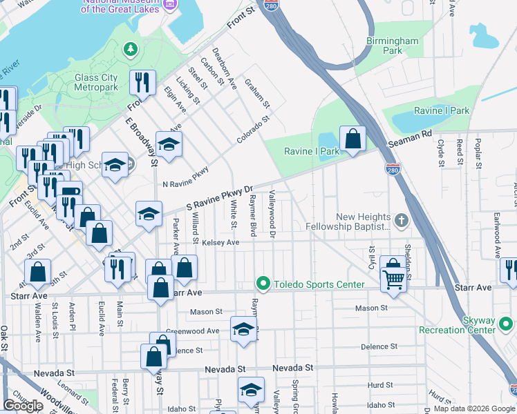 map of restaurants, bars, coffee shops, grocery stores, and more near 221 Raymer Blvd in Toledo