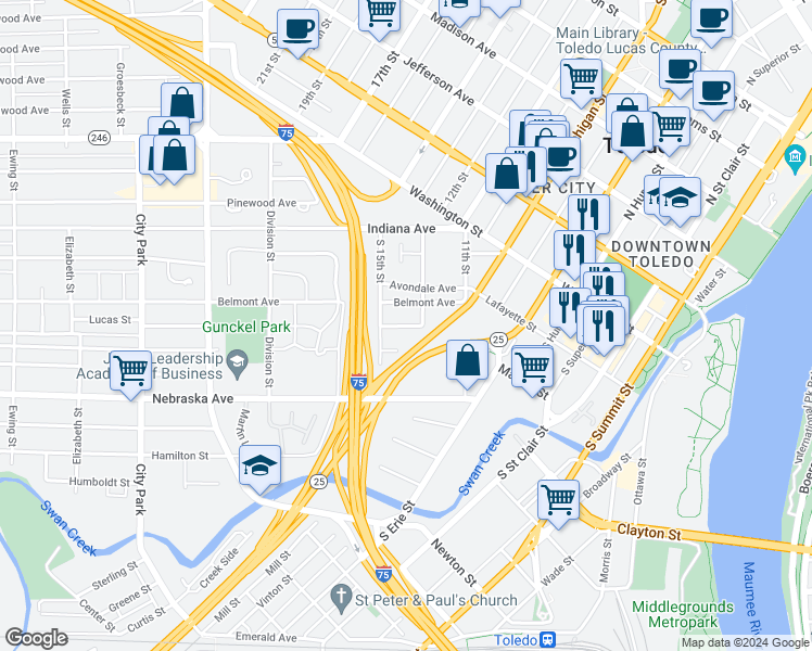 map of restaurants, bars, coffee shops, grocery stores, and more near 213 Lucas Street in Toledo