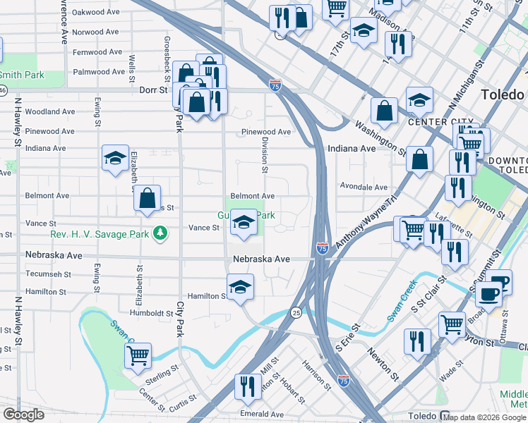 map of restaurants, bars, coffee shops, grocery stores, and more near 214 Division Street in Toledo