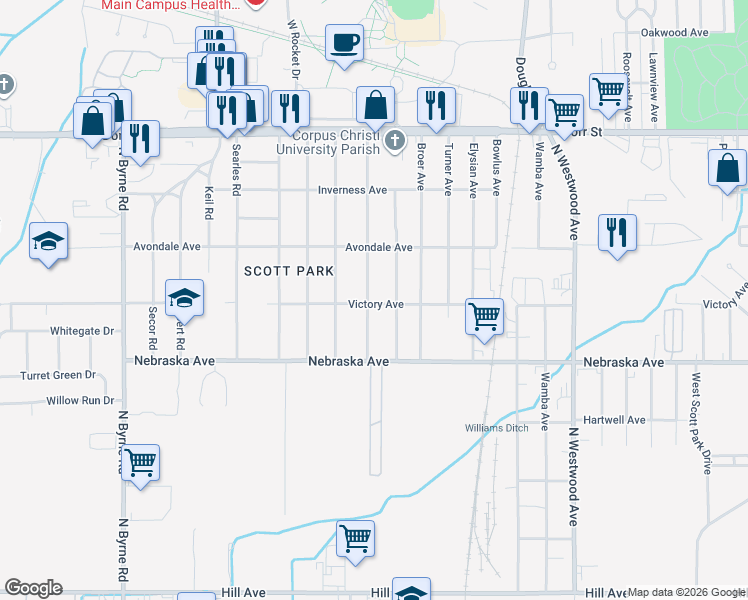 map of restaurants, bars, coffee shops, grocery stores, and more near 723 Ranch Drive in Toledo