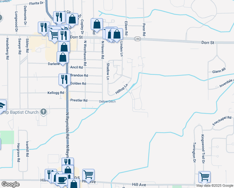 map of restaurants, bars, coffee shops, grocery stores, and more near 728 Hilltop Lane in Toledo
