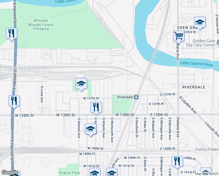 map of restaurants, bars, coffee shops, grocery stores, and more near 13606 South Wentworth Avenue in Riverdale