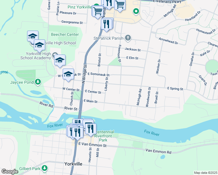 map of restaurants, bars, coffee shops, grocery stores, and more near 408 East Spring Street in Yorkville