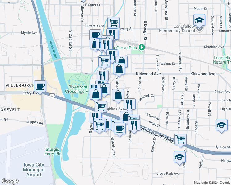 map of restaurants, bars, coffee shops, grocery stores, and more near 1213 South Gilbert Court in Iowa City