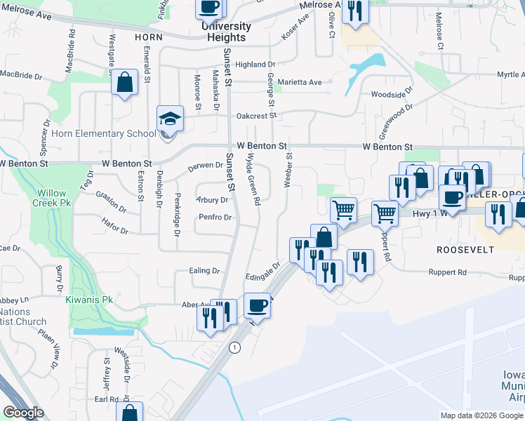 map of restaurants, bars, coffee shops, grocery stores, and more near 1009 Weeber St in Iowa City