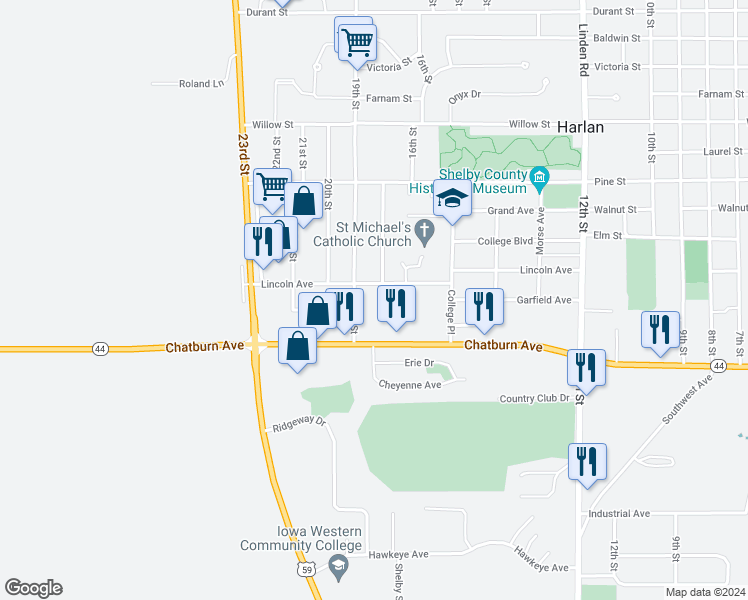 map of restaurants, bars, coffee shops, grocery stores, and more near 1709 Lincoln Avenue in Harlan