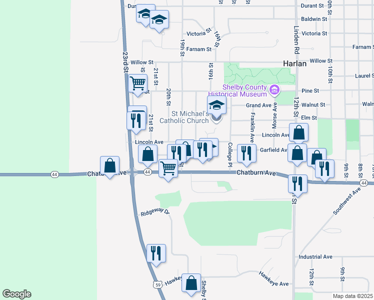 map of restaurants, bars, coffee shops, grocery stores, and more near 1904 Garfield Ave in Harlan