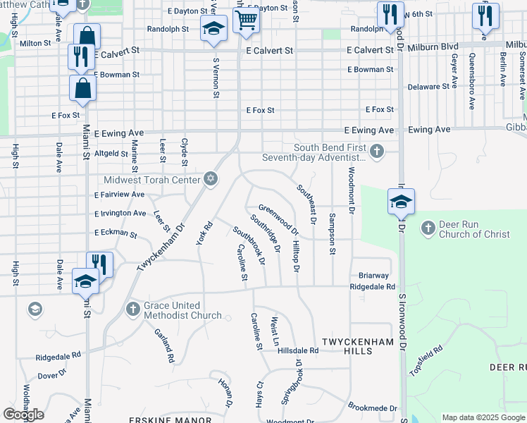 map of restaurants, bars, coffee shops, grocery stores, and more near 1600-1718 Greenwood Dr in South Bend