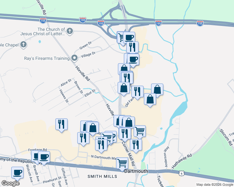 map of restaurants, bars, coffee shops, grocery stores, and more near 74 Faunce Corner Road in Dartmouth