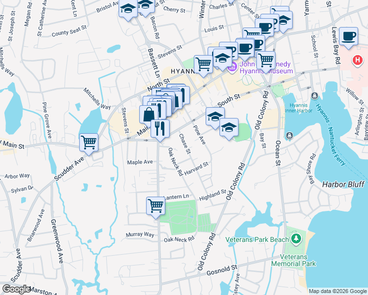 map of restaurants, bars, coffee shops, grocery stores, and more near 43 Chase Street in Barnstable