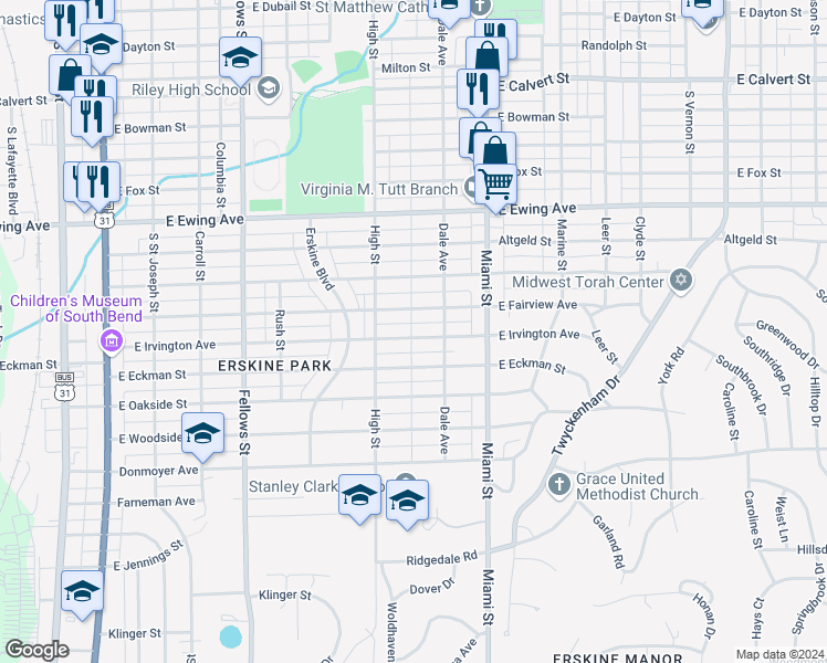 map of restaurants, bars, coffee shops, grocery stores, and more near 901 East Irvington Avenue in South Bend