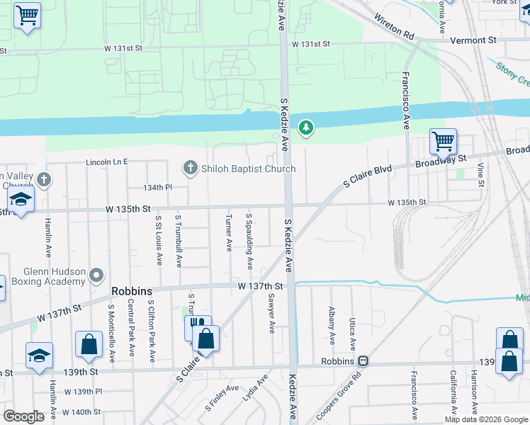 map of restaurants, bars, coffee shops, grocery stores, and more near 3235 West 135th Street in Robbins