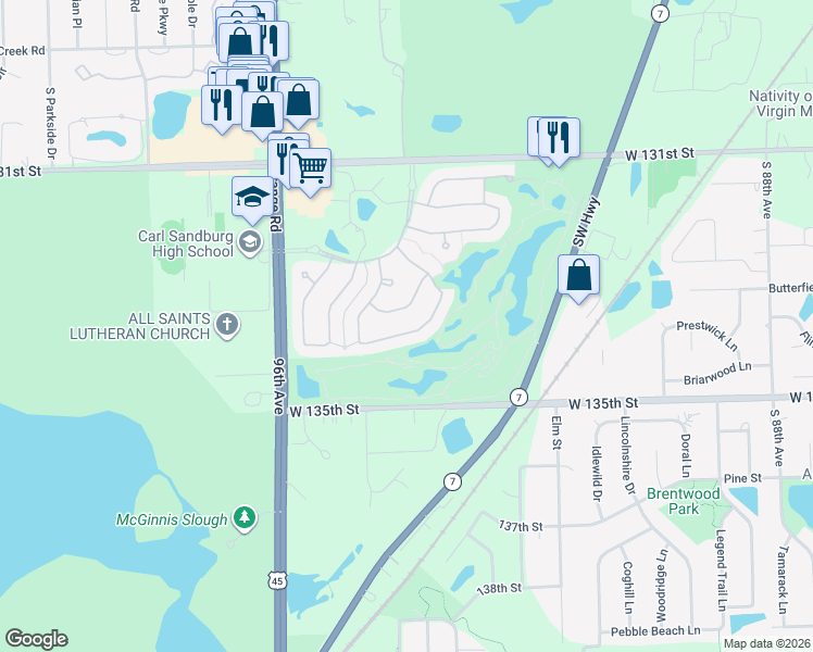 map of restaurants, bars, coffee shops, grocery stores, and more near 9362 Dunmurry Dr in Orland Park