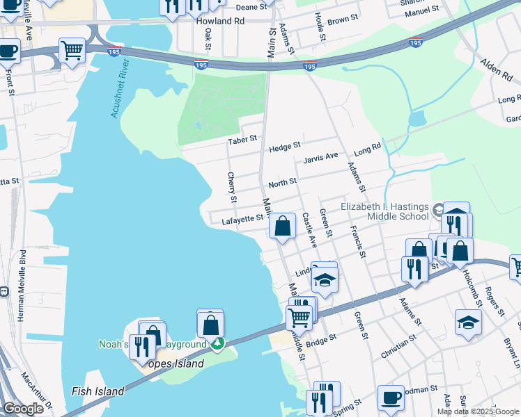 map of restaurants, bars, coffee shops, grocery stores, and more near 43 Oxford Street in Fairhaven
