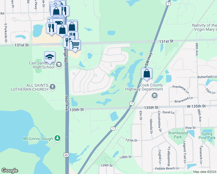 map of restaurants, bars, coffee shops, grocery stores, and more near 9329 Dunmurry Drive in Orland Park