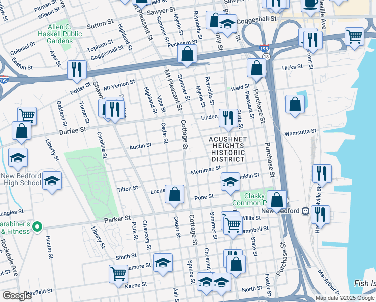 map of restaurants, bars, coffee shops, grocery stores, and more near 620 Cottage St in New Bedford