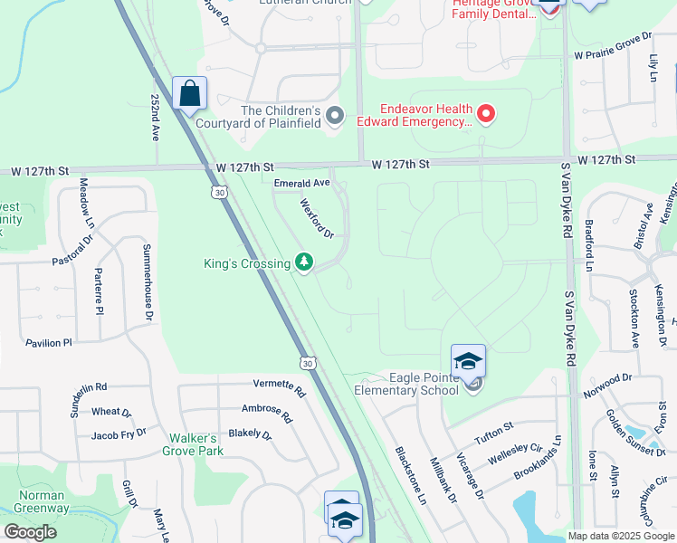 map of restaurants, bars, coffee shops, grocery stores, and more near 12823 Waterford Boulevard in Plainfield