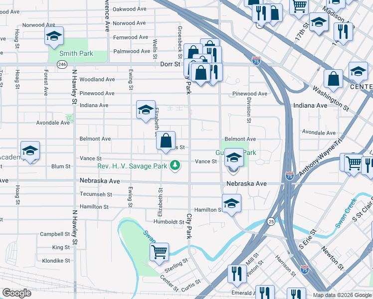 map of restaurants, bars, coffee shops, grocery stores, and more near 611 Lucas Street in Toledo
