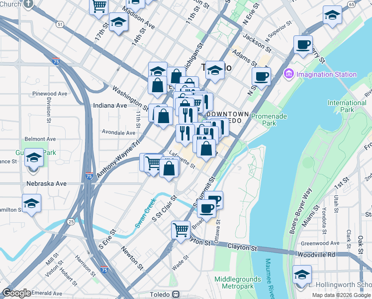 map of restaurants, bars, coffee shops, grocery stores, and more near 36 South Huron Street in Toledo