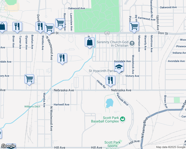 map of restaurants, bars, coffee shops, grocery stores, and more near 2294 Hinde Road in Toledo