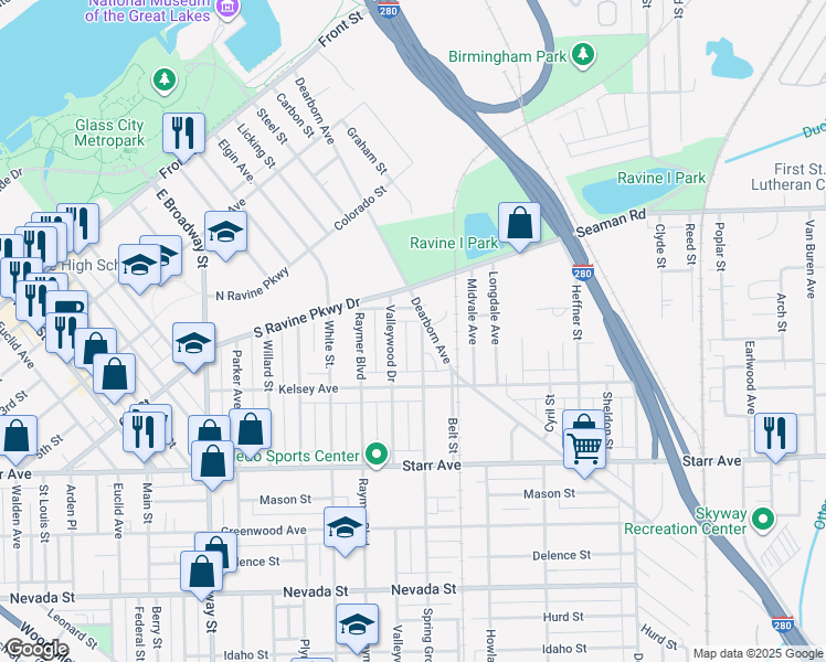 map of restaurants, bars, coffee shops, grocery stores, and more near 214 Spring Grove Ave in Toledo