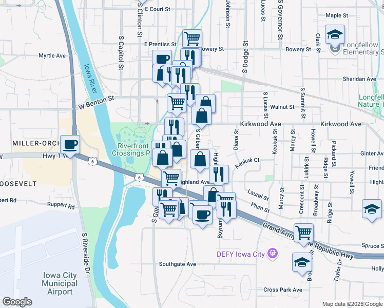 map of restaurants, bars, coffee shops, grocery stores, and more near 1213 South Gilbert Court in Iowa City