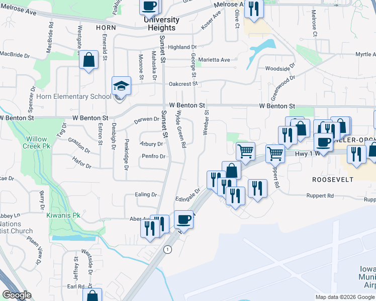 map of restaurants, bars, coffee shops, grocery stores, and more near 1009 Weeber St in Iowa City
