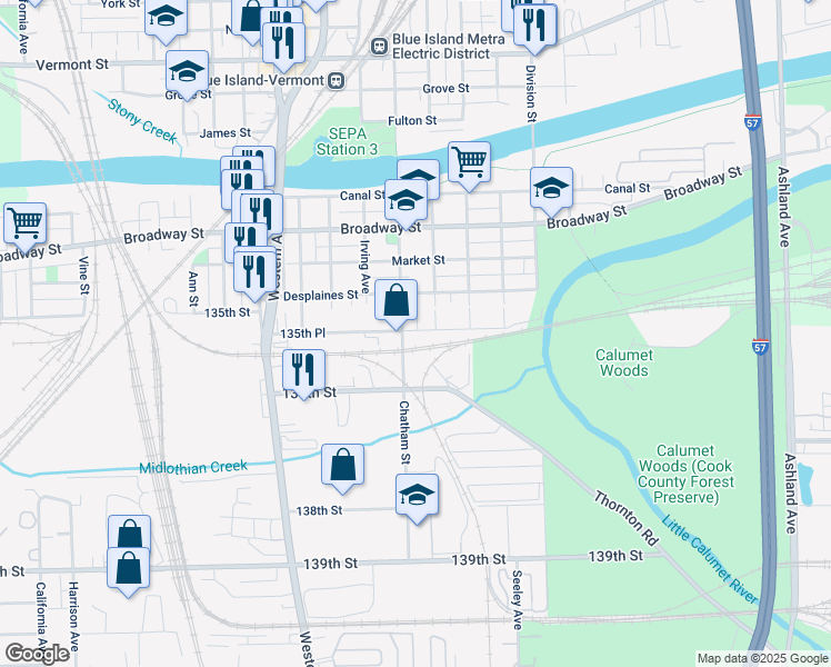 map of restaurants, bars, coffee shops, grocery stores, and more near 13527 Chatham Street in Blue Island