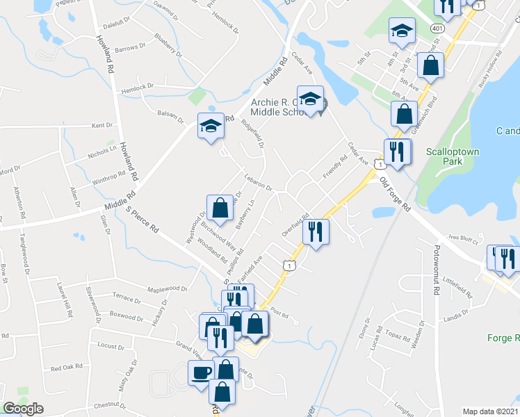 map of restaurants, bars, coffee shops, grocery stores, and more near 43 Phillips Road in East Greenwich