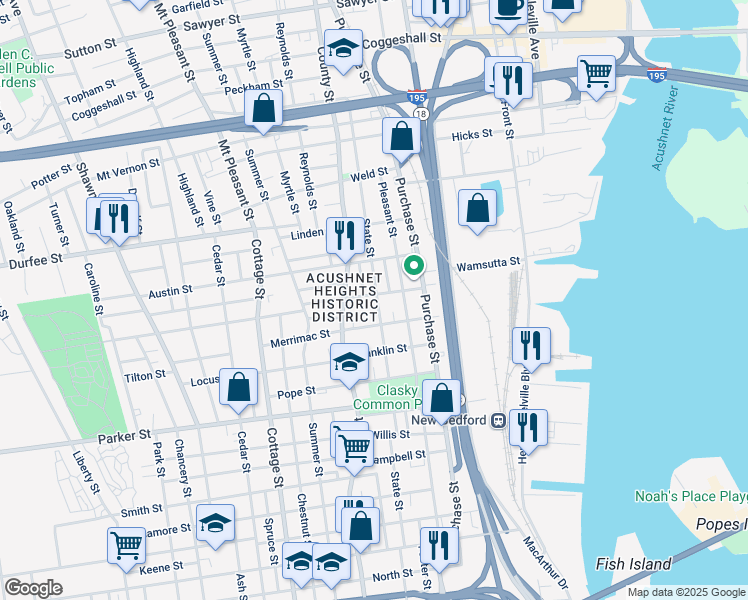map of restaurants, bars, coffee shops, grocery stores, and more near 169 State Street in New Bedford