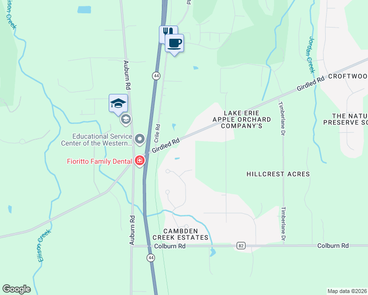 map of restaurants, bars, coffee shops, grocery stores, and more near 11170 Girdled Road in Painesville
