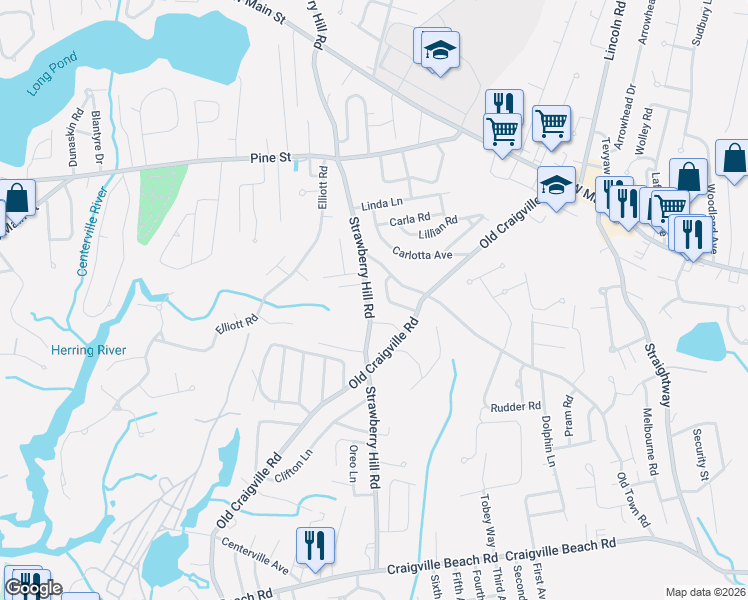 map of restaurants, bars, coffee shops, grocery stores, and more near 314 Strawberry Hill Road in Barnstable