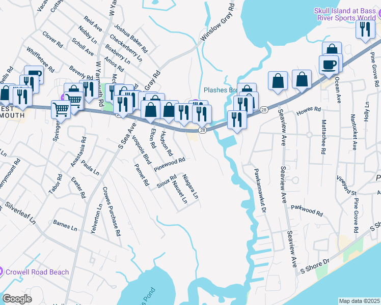 map of restaurants, bars, coffee shops, grocery stores, and more near 23 Courtland Way in Yarmouth