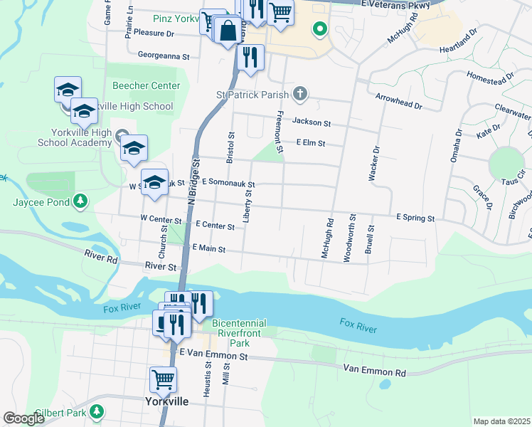 map of restaurants, bars, coffee shops, grocery stores, and more near 408 East Spring Street in Yorkville