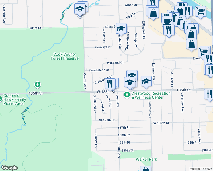 map of restaurants, bars, coffee shops, grocery stores, and more near 13448 Loomis Court in Crestwood