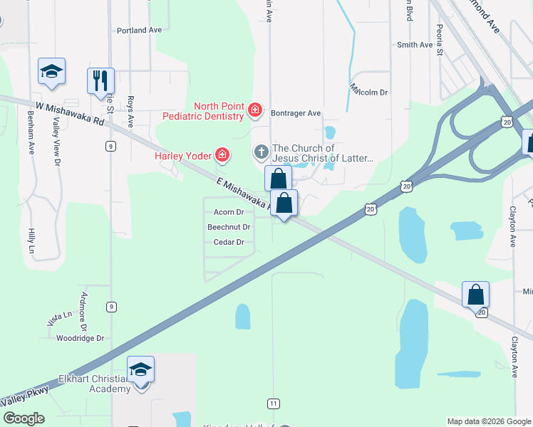 map of restaurants, bars, coffee shops, grocery stores, and more near 885 East Mishawaka Road in Elkhart