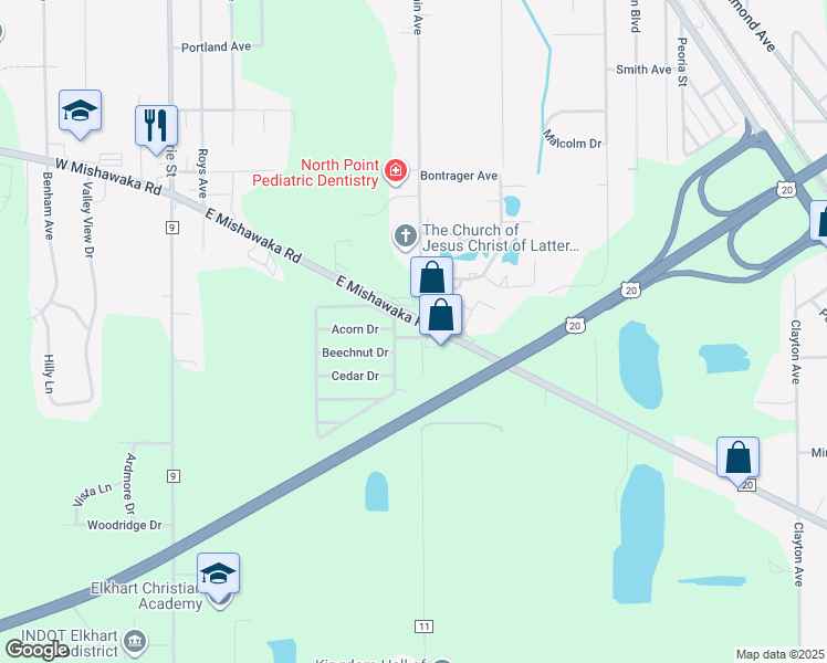 map of restaurants, bars, coffee shops, grocery stores, and more near 885 East Mishawaka Road in Elkhart