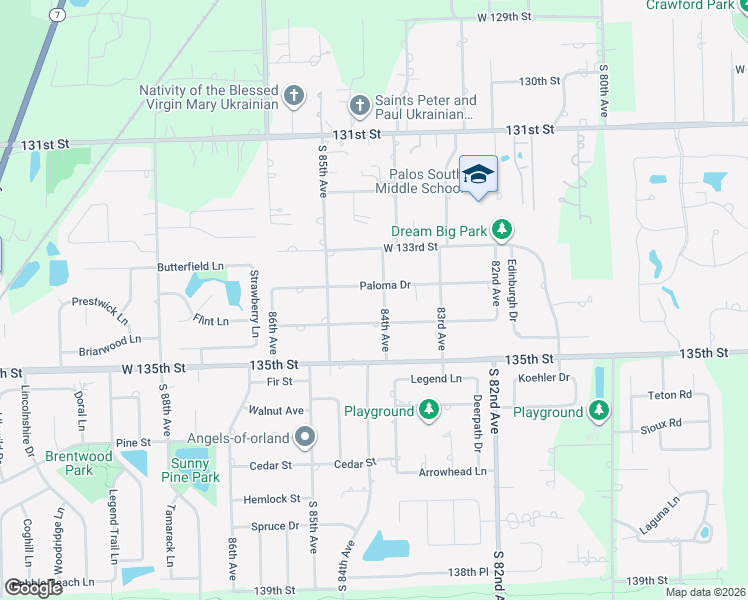 map of restaurants, bars, coffee shops, grocery stores, and more near 8401 Paloma Drive in Orland Park