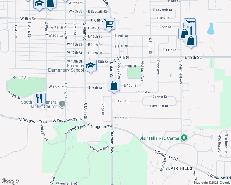 map of restaurants, bars, coffee shops, grocery stores, and more near 413 East 16th Street in Mishawaka