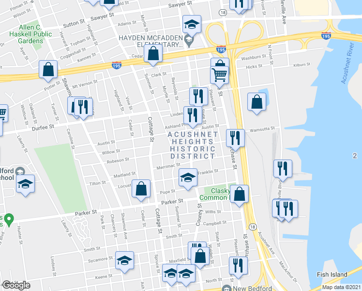 map of restaurants, bars, coffee shops, grocery stores, and more near 340 Summer Street in New Bedford