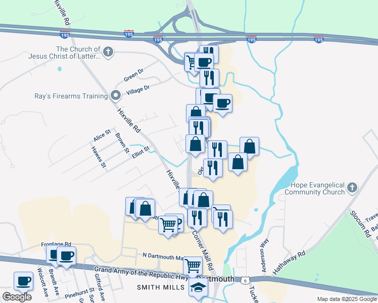 map of restaurants, bars, coffee shops, grocery stores, and more near 74 Faunce Corner Mall Road in Dartmouth