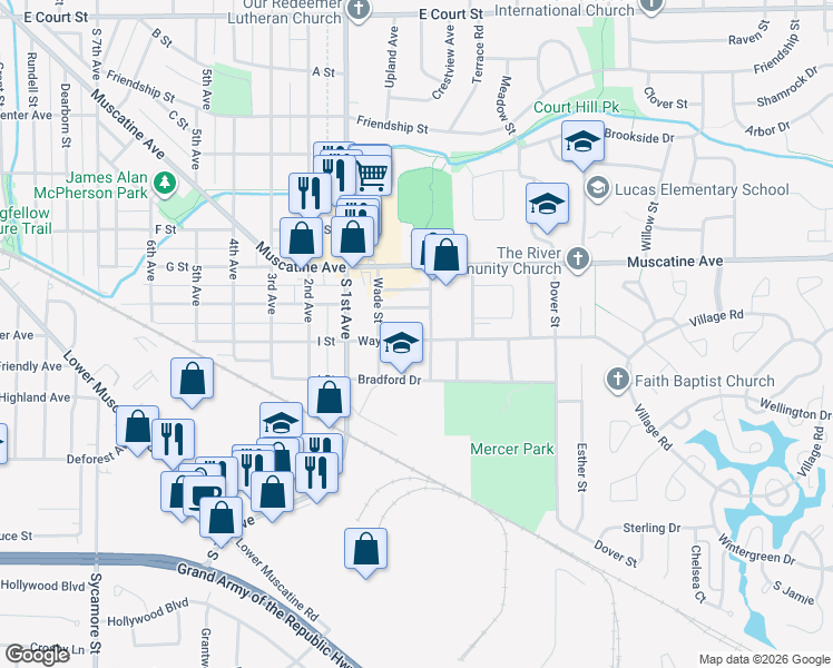 map of restaurants, bars, coffee shops, grocery stores, and more near 2420-2434 Wayne Avenue in Iowa City