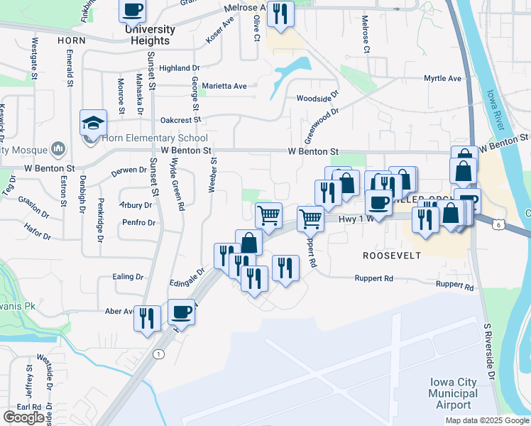 map of restaurants, bars, coffee shops, grocery stores, and more near 101 Hawk Ridge Road in Iowa City